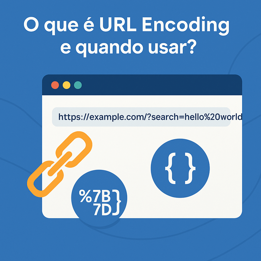 Ilustração em estilo flat design mostrando o conceito de URL Encoding, com caracteres especiais sendo convertidos em códigos percentuais como %20 e %3A, representando como links são codificados para a web.